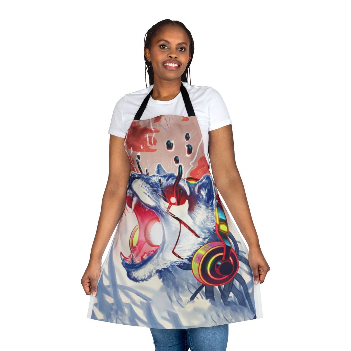 Monstercat-inspired apron with a cool, colorful monster cat design