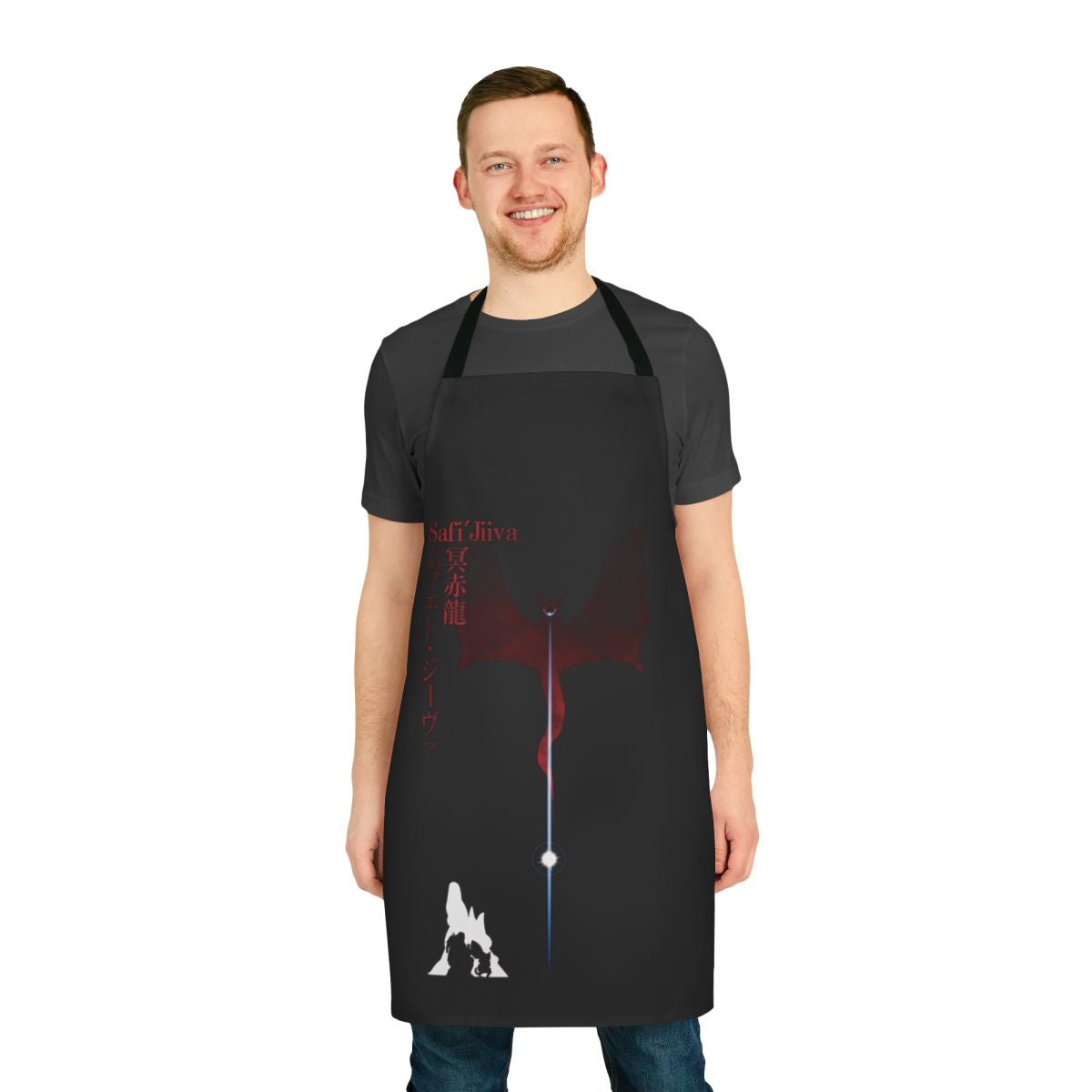 Monster Hunter-themed Safi Jiiva apron with dragon and kanji design