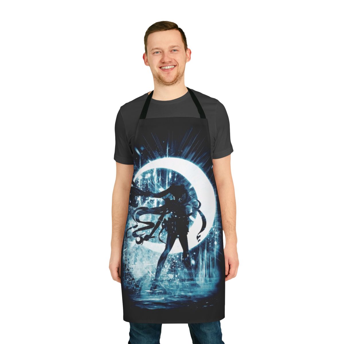 Stylish moon-themed apron with anime and pop culture design