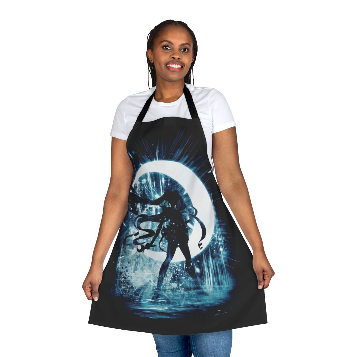 Stylish moon-themed apron with anime and pop culture design