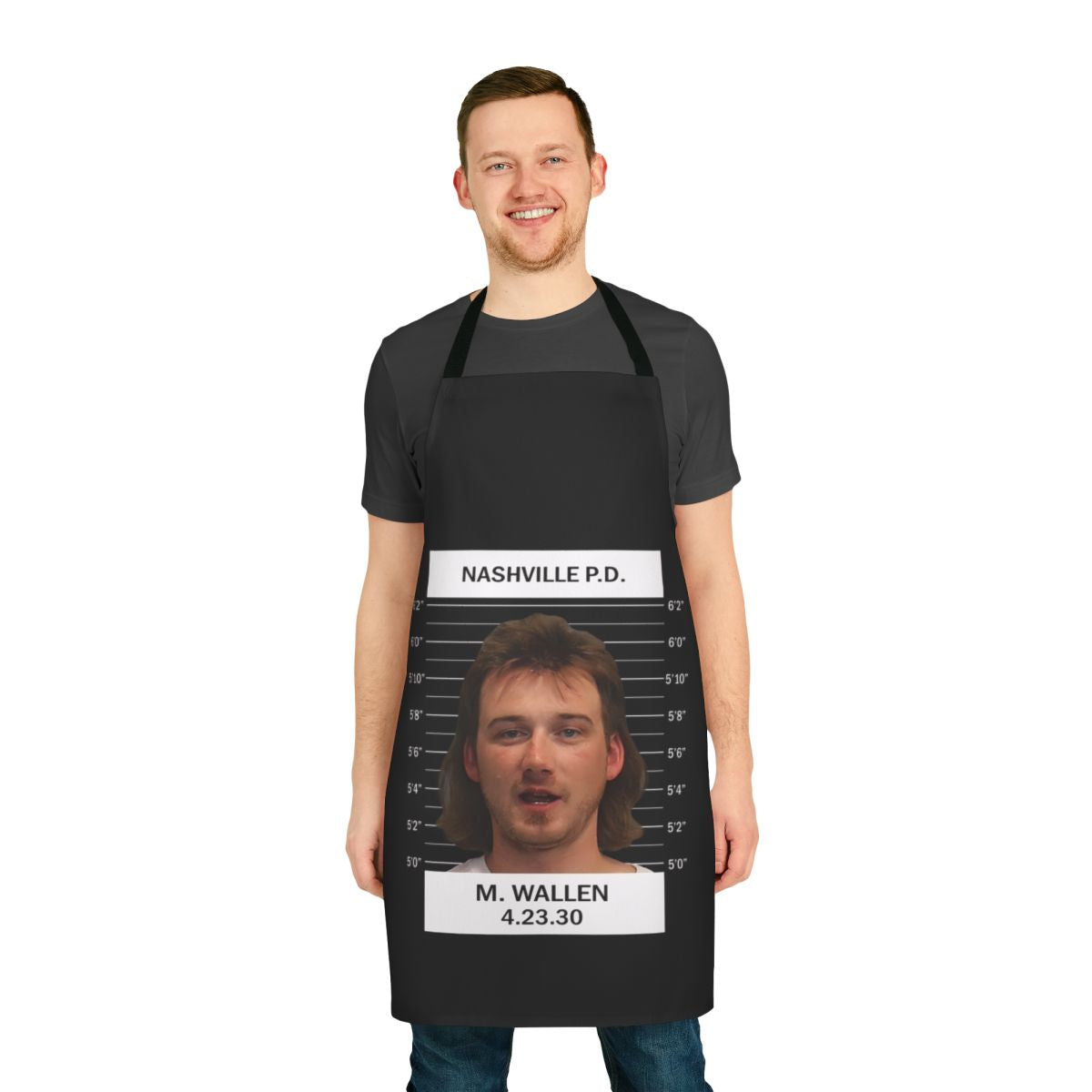 Morgan Wallen-inspired mugshot-style apron for fans of the One Night at a Time tour