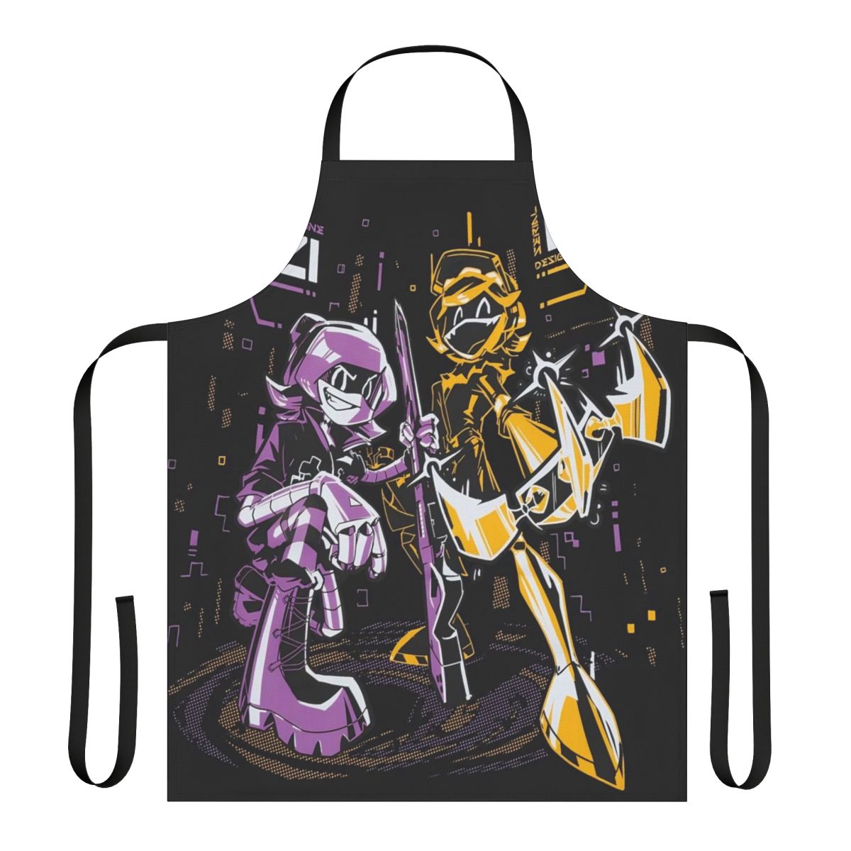 An apron featuring the iconic characters and designs from the popular "Murder Drones" series.