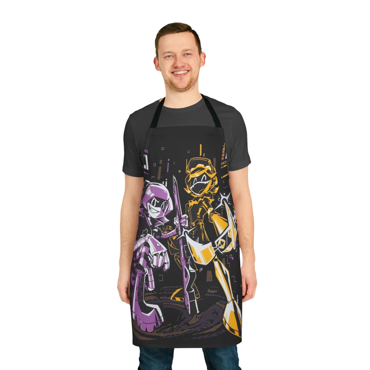 An apron featuring the iconic characters and designs from the popular "Murder Drones" series.
