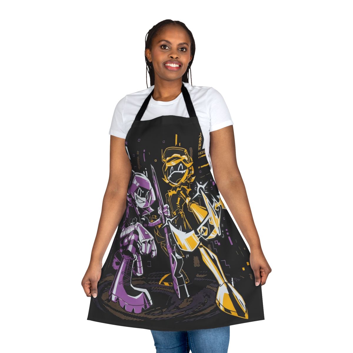 An apron featuring the iconic characters and designs from the popular "Murder Drones" series.