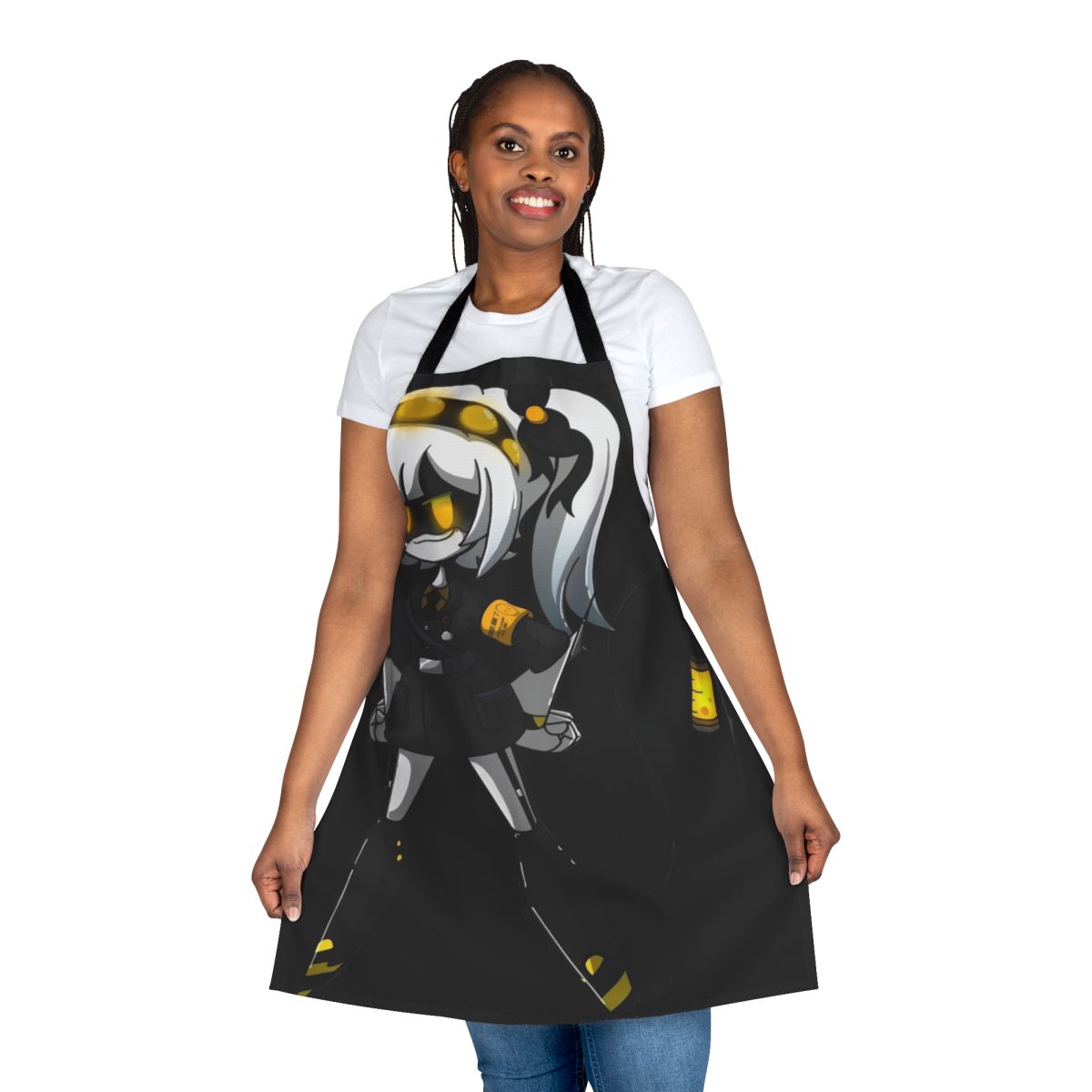Apron featuring the characters and designs from the "Murder Drones" series.