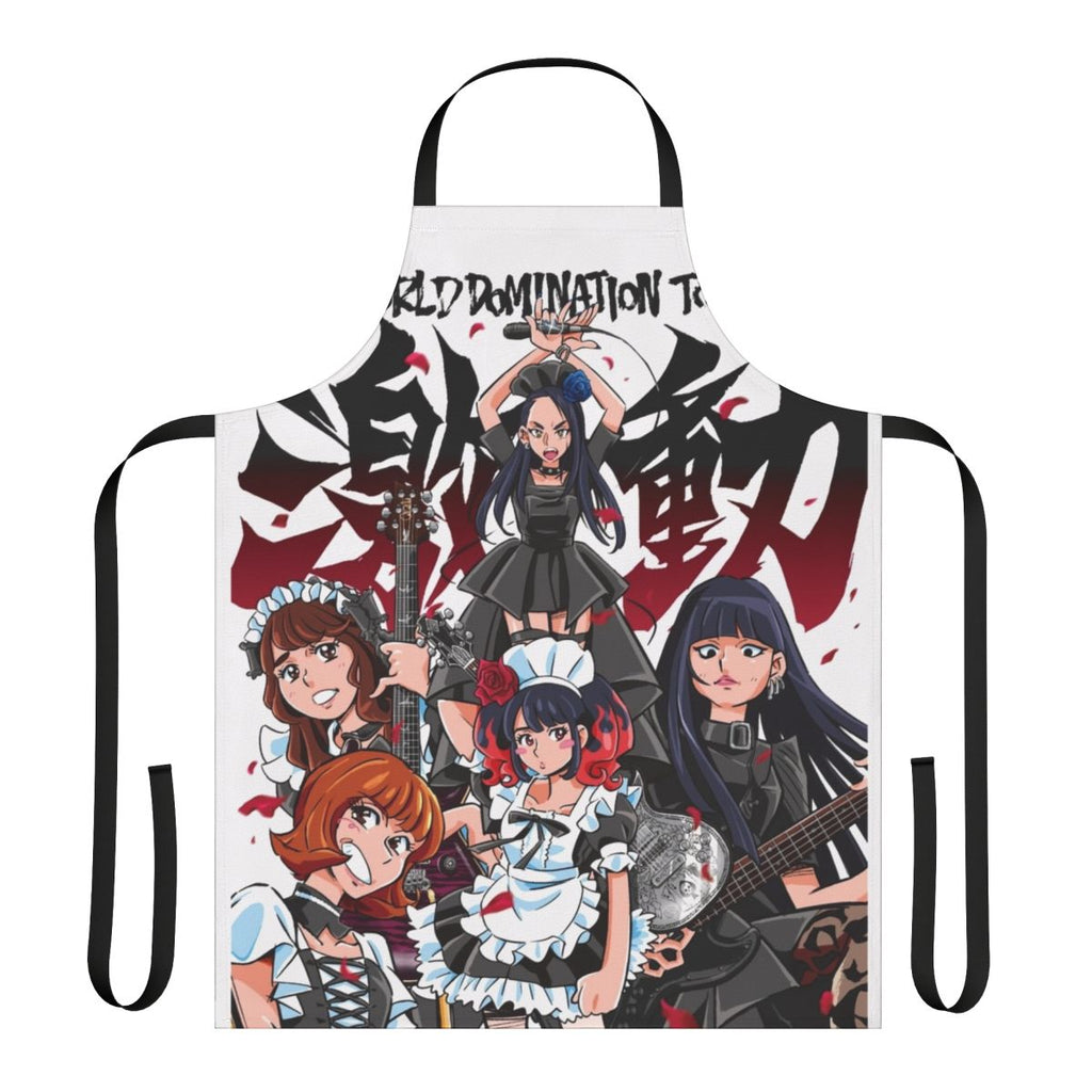 Fashionable apron featuring a world domination tour design for music and anime enthusiasts