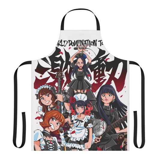Fashionable apron featuring a world domination tour design for music and anime enthusiasts