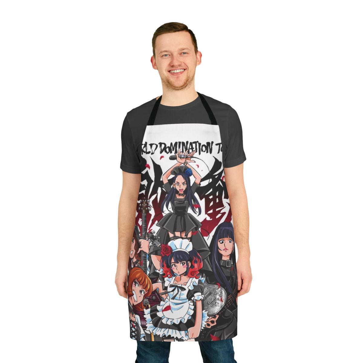 Fashionable apron featuring a world domination tour design for music and anime enthusiasts