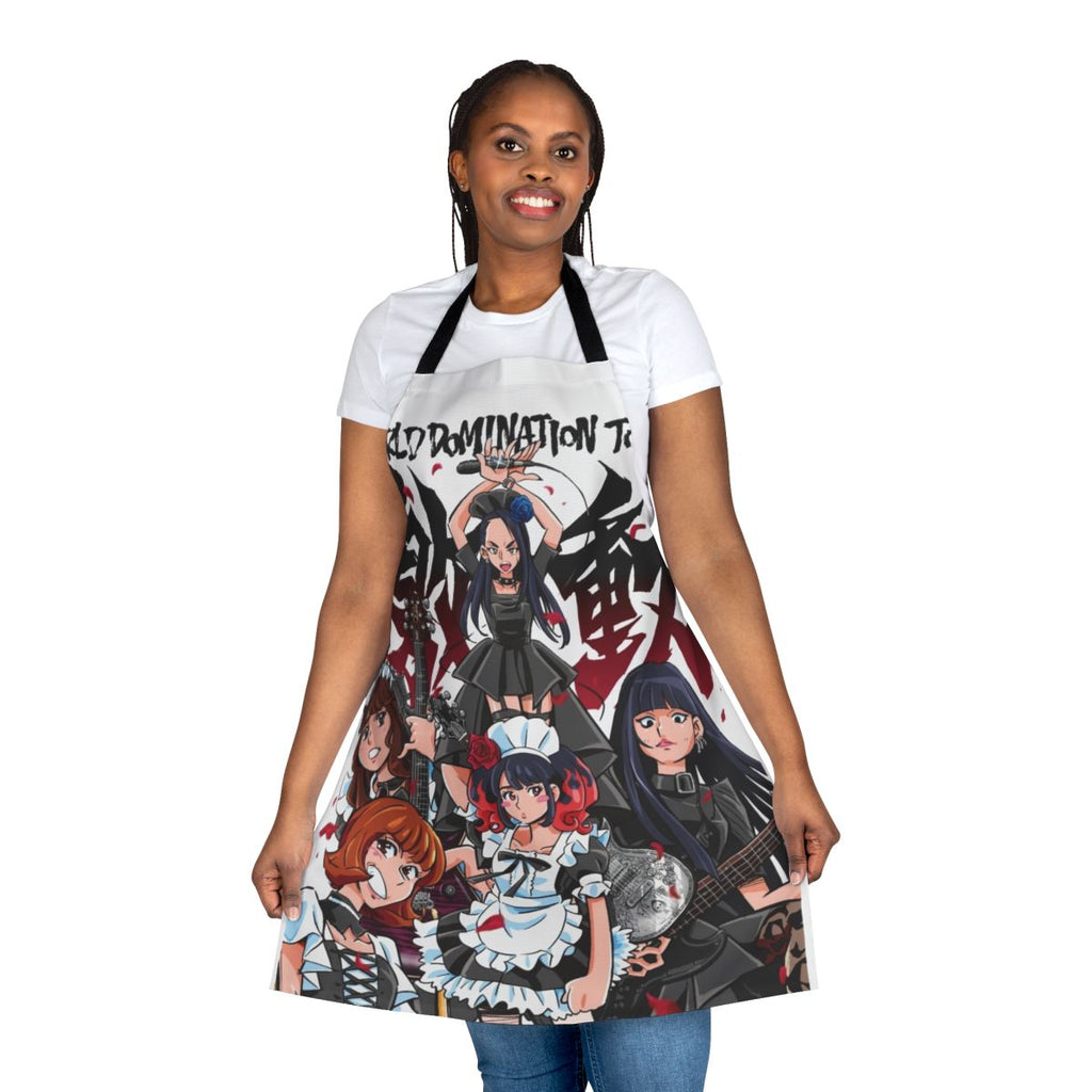 Fashionable apron featuring a world domination tour design for music and anime enthusiasts