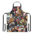 A collage-style apron featuring musical elements and album artwork designs.