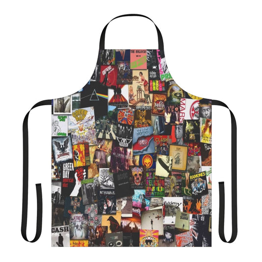 A collage-style apron featuring musical elements and album artwork designs.
