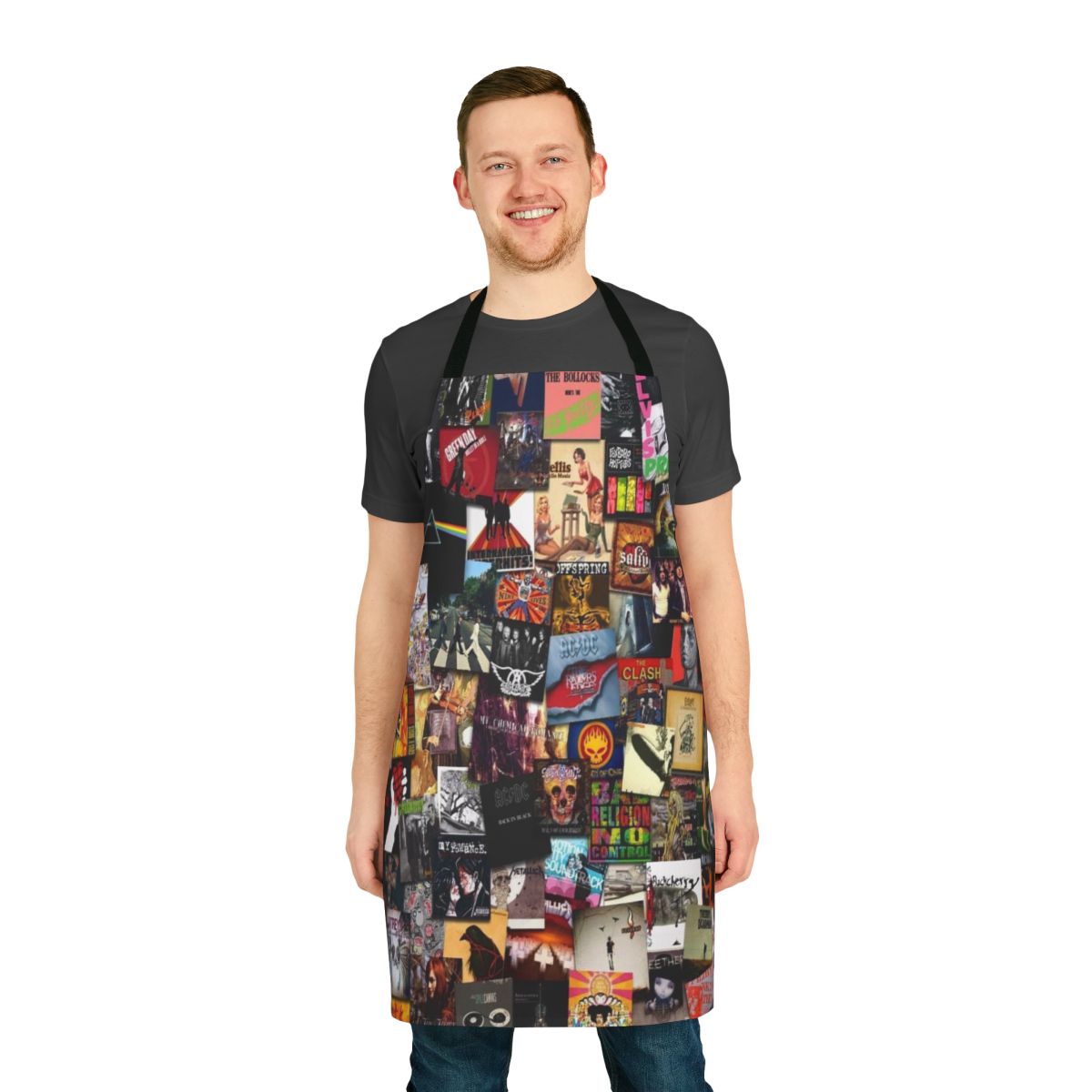 A collage-style apron featuring musical elements and album artwork designs.