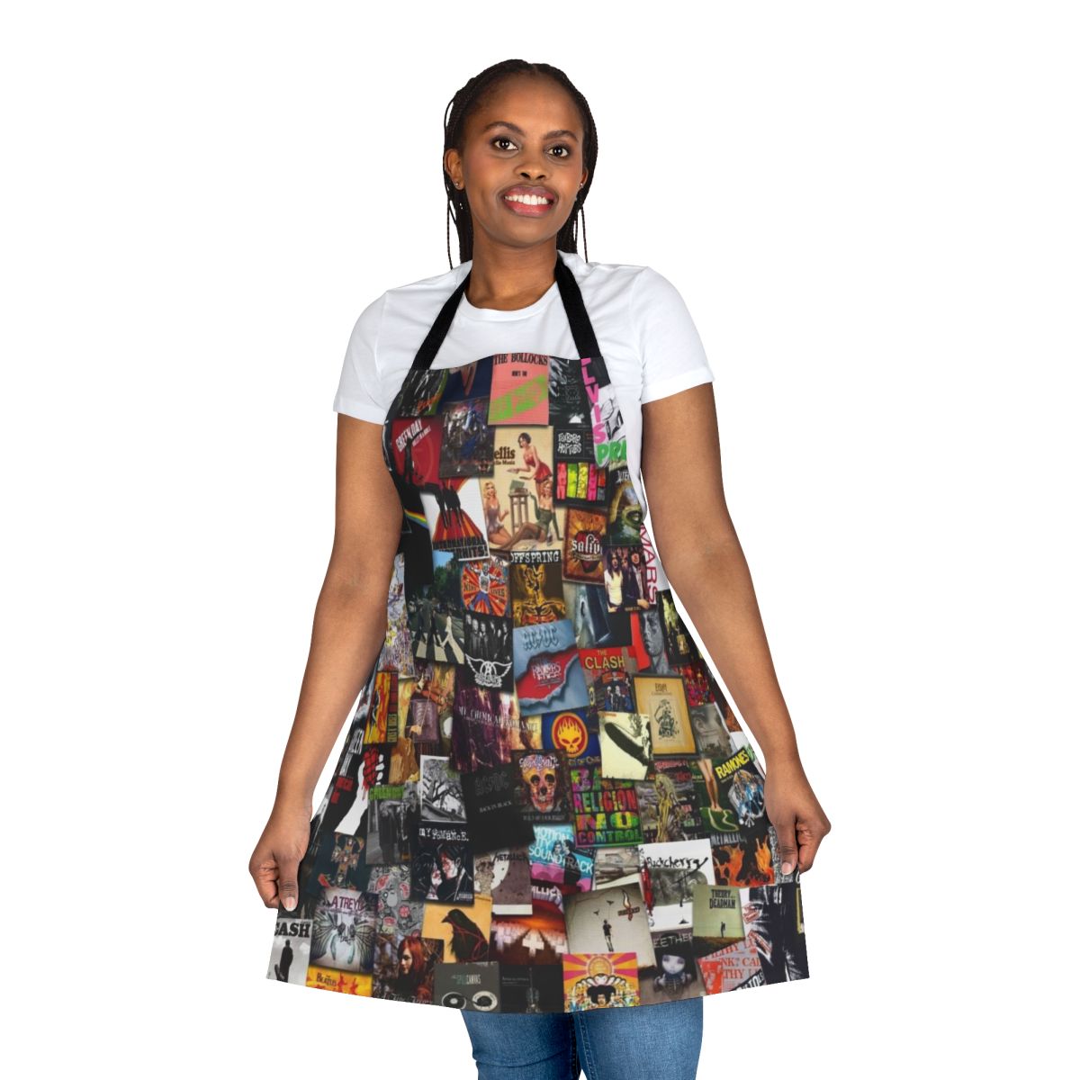 A collage-style apron featuring musical elements and album artwork designs.