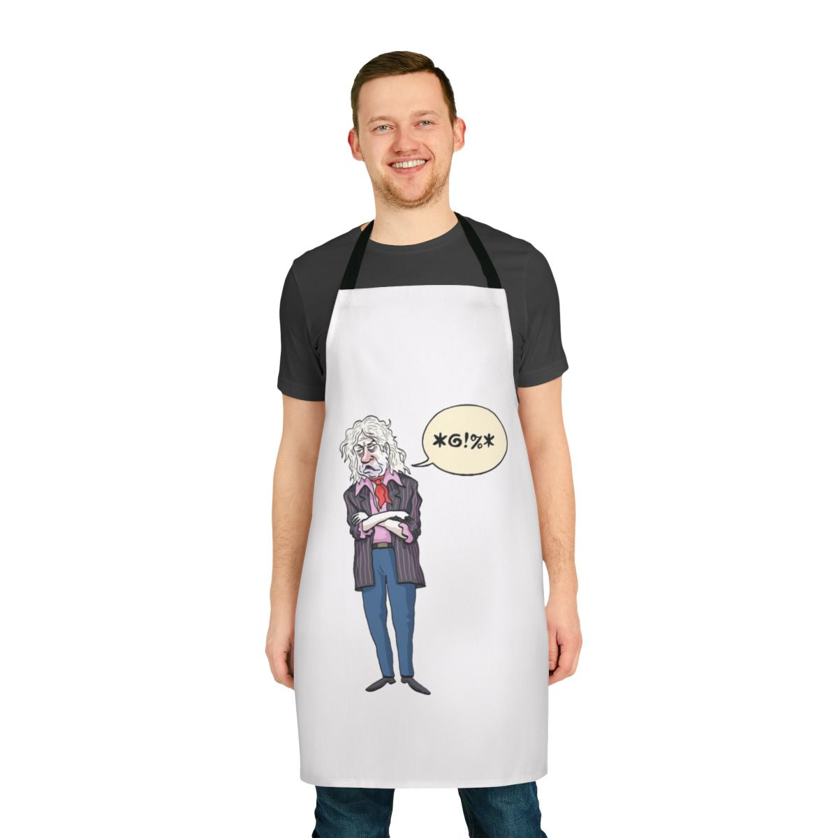 Sir Gob Beldof-inspired kitchen apron with musical notes and patterns