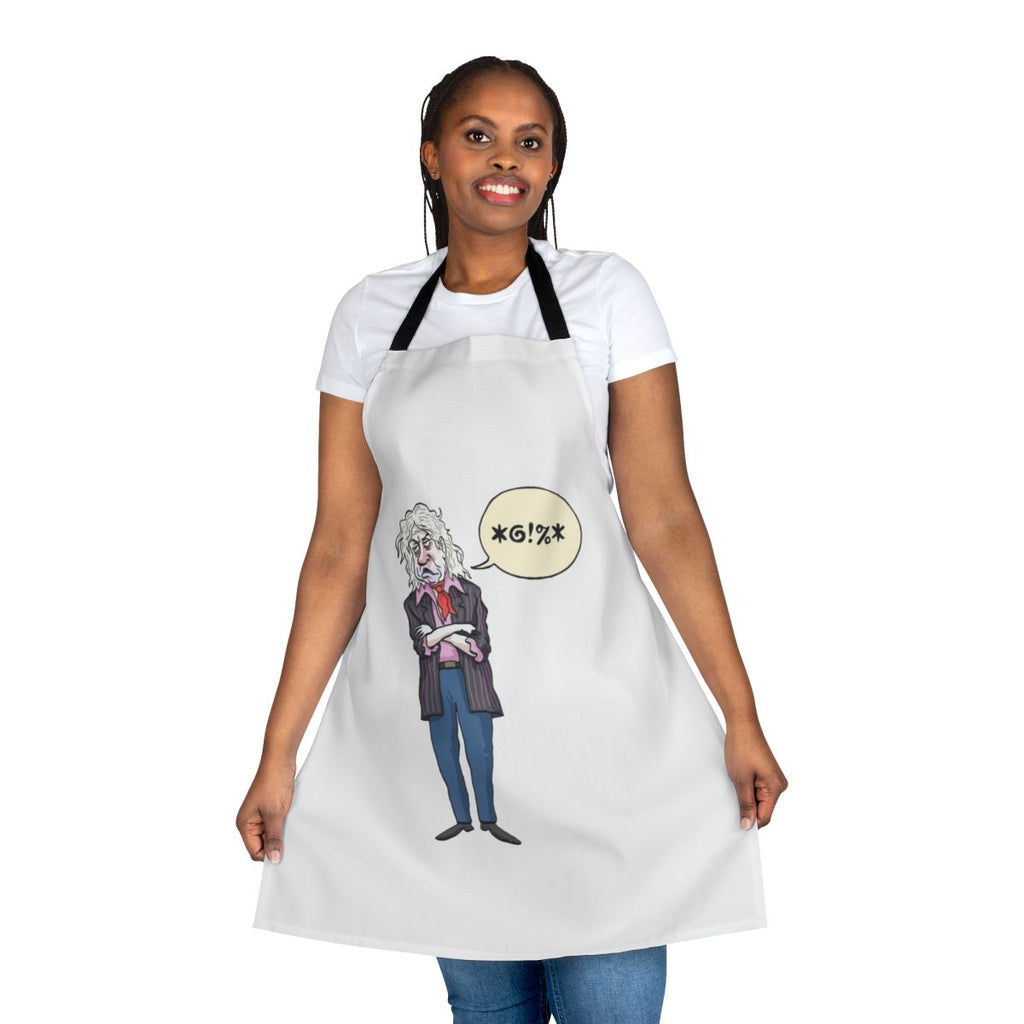 Sir Gob Beldof-inspired kitchen apron with musical notes and patterns