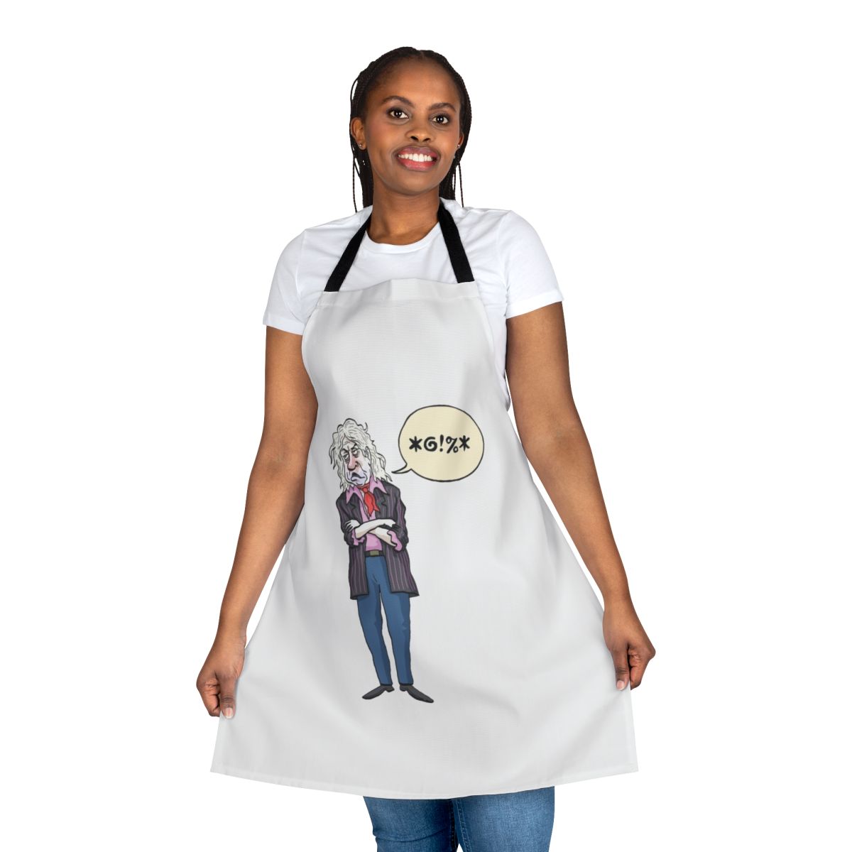 Sir Gob Beldof-inspired kitchen apron with musical notes and patterns