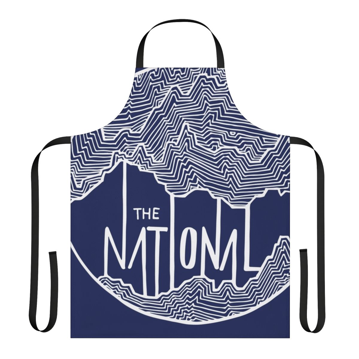 Handdrawn line art apron featuring The National indie rock band logo and album art