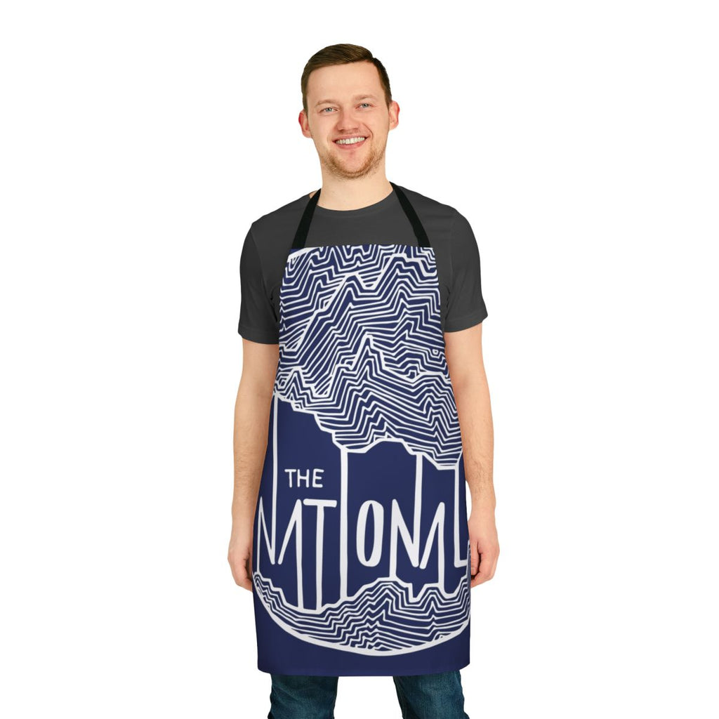 Handdrawn line art apron featuring The National indie rock band logo and album art