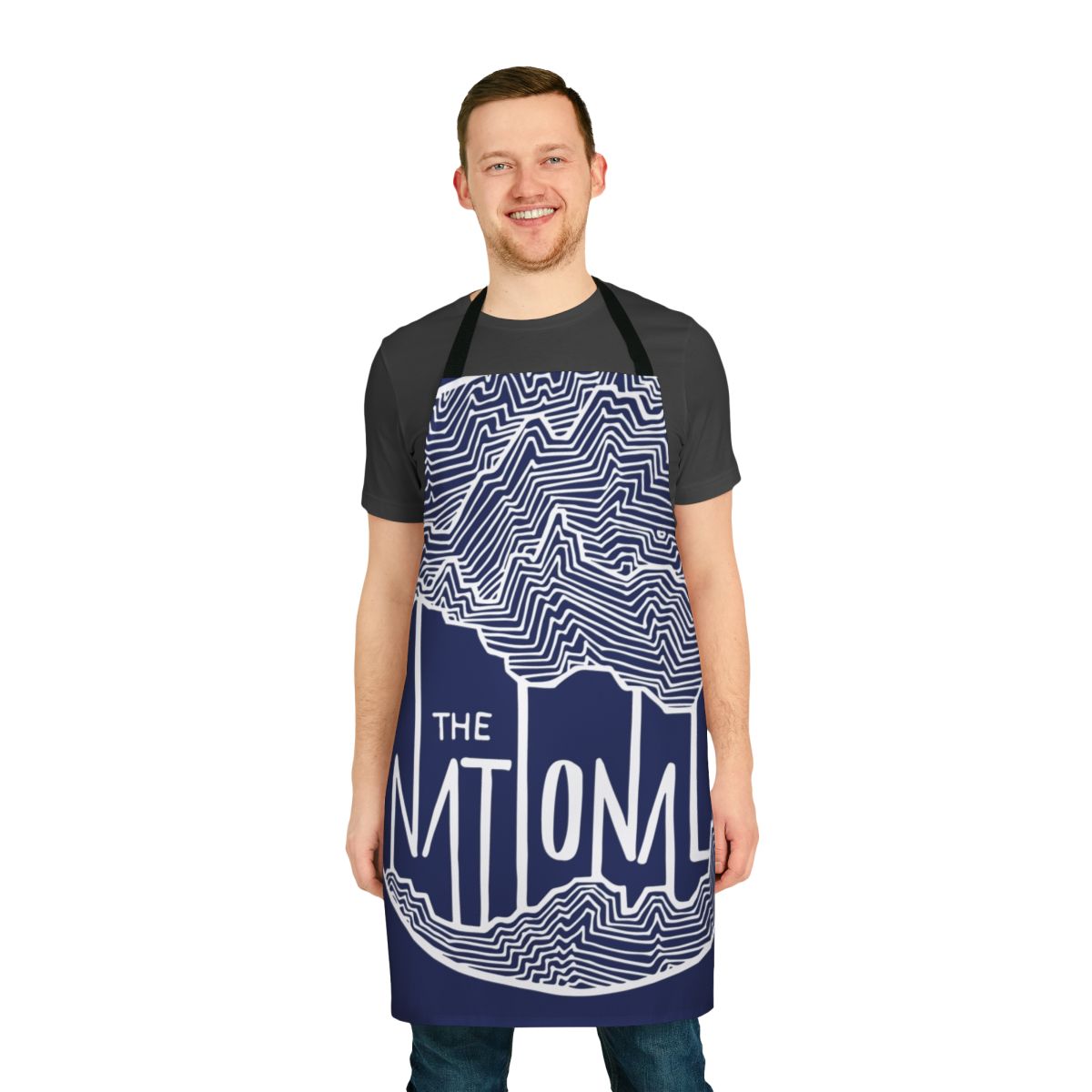 Handdrawn line art apron featuring The National indie rock band logo and album art