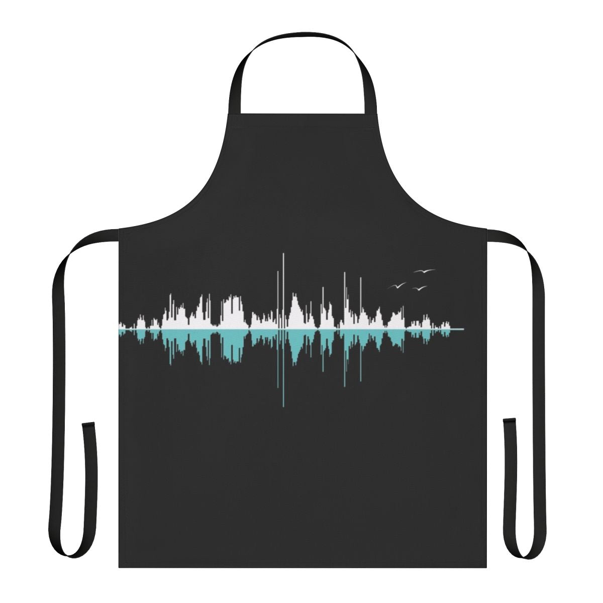 Stylish monochrome apron featuring a graphic music-themed design