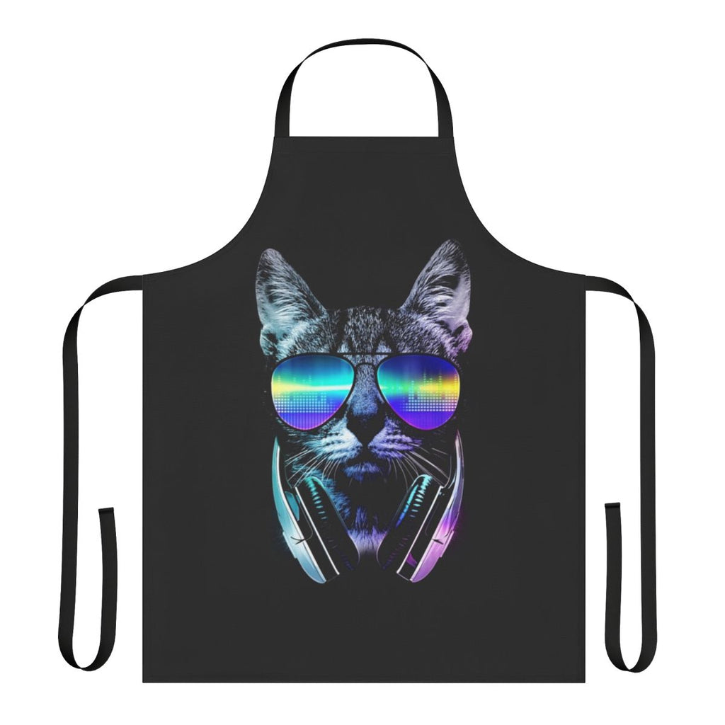 A vibrant music-themed cat apron with a cool city skyline and neon graphics