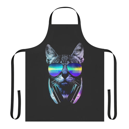 A vibrant music-themed cat apron with a cool city skyline and neon graphics