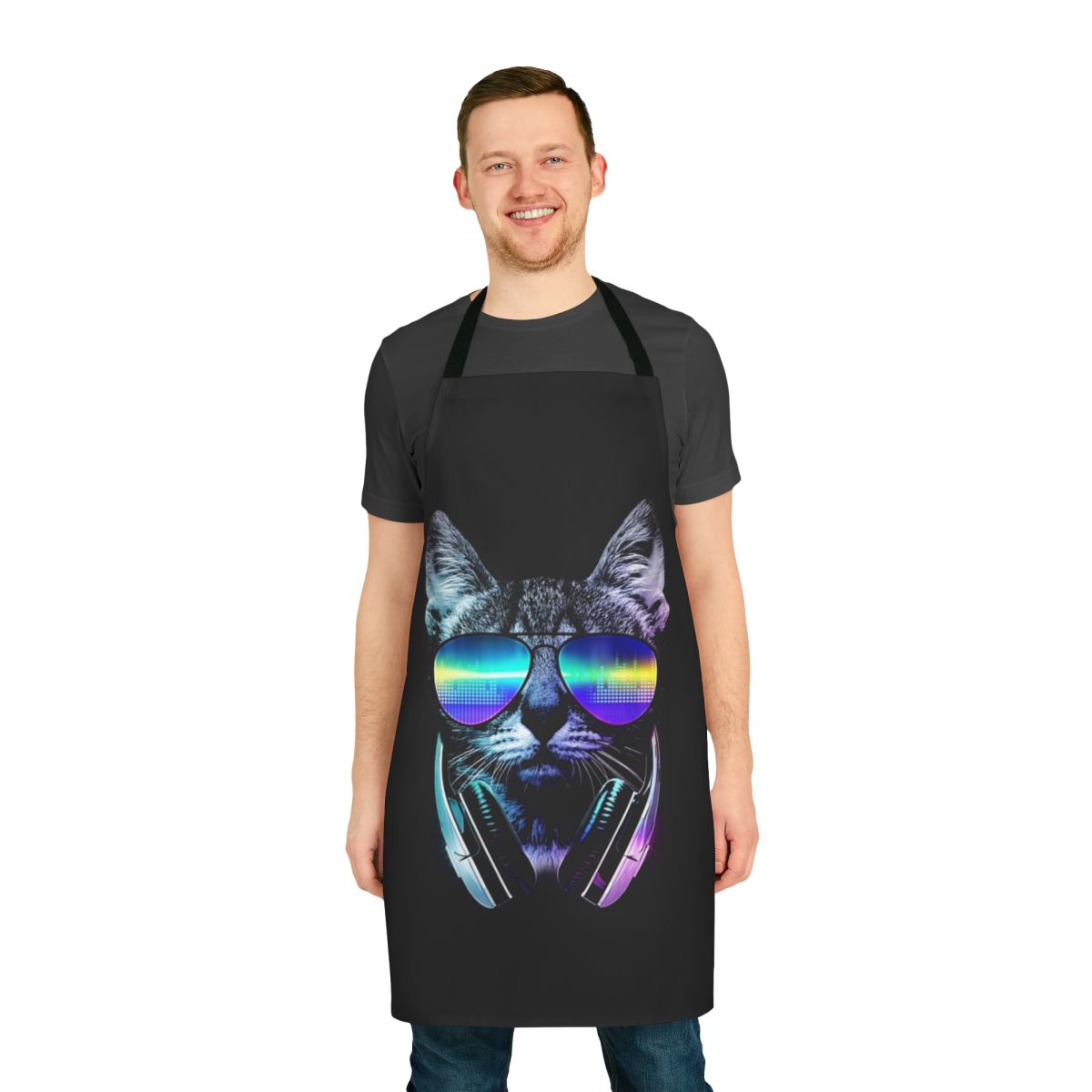 A vibrant music-themed cat apron with a cool city skyline and neon graphics