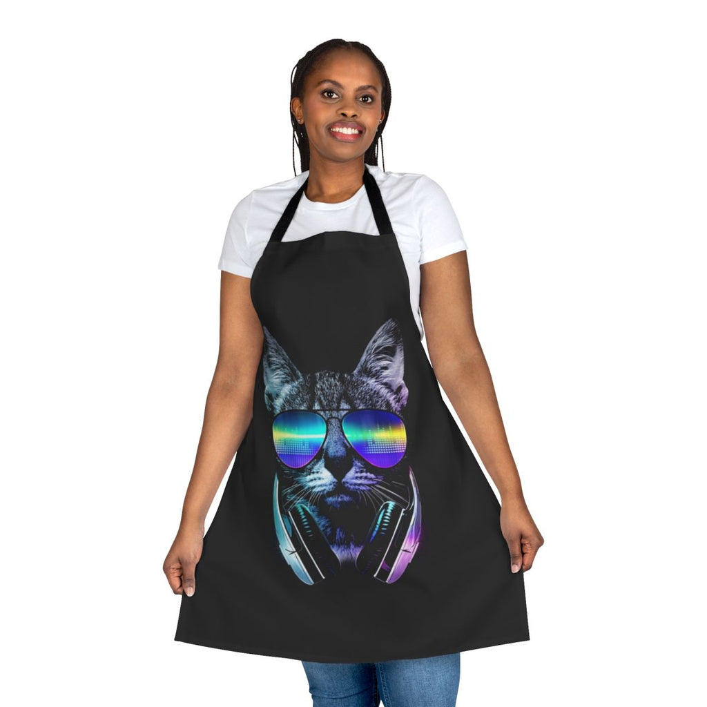 A vibrant music-themed cat apron with a cool city skyline and neon graphics
