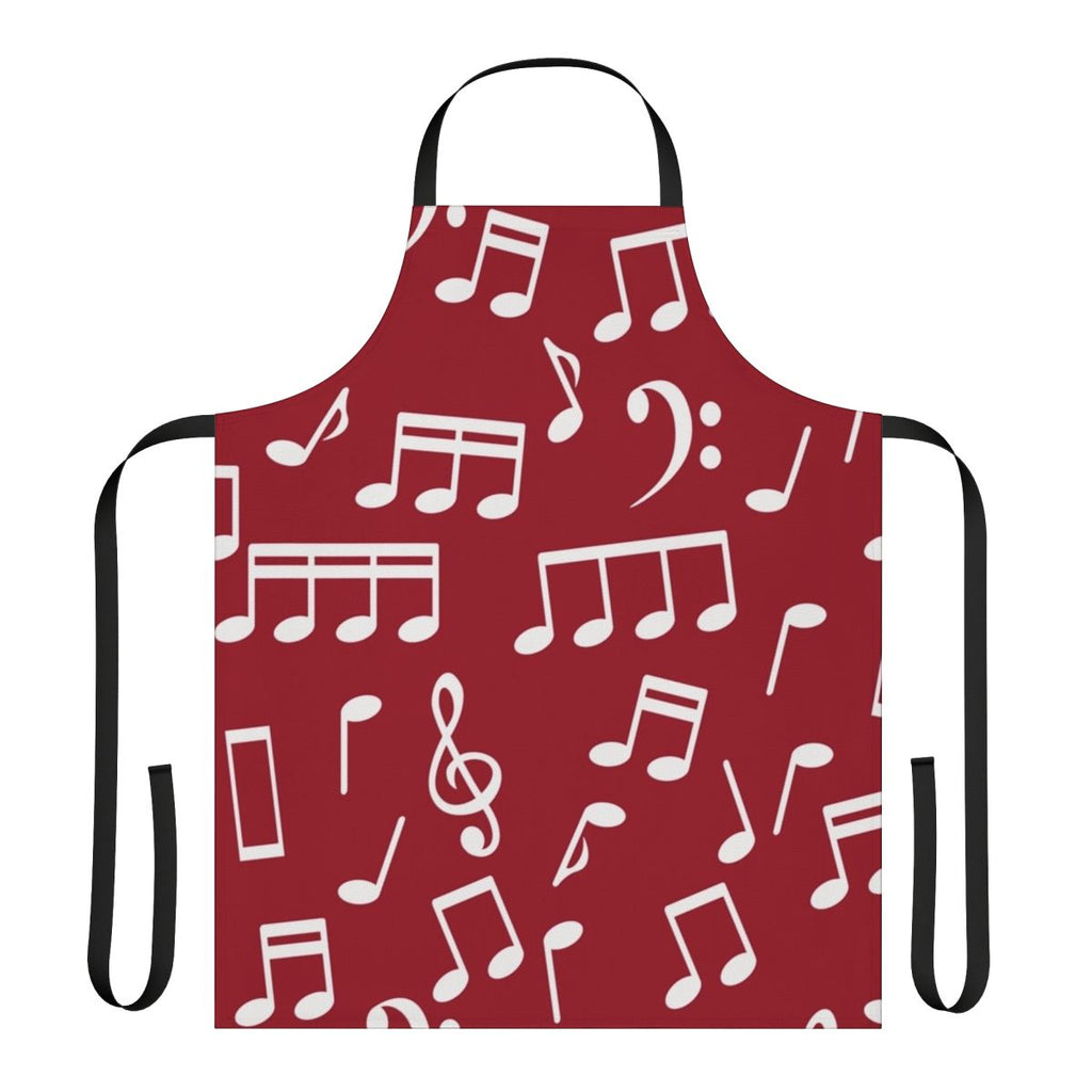 White music notes printed on a red background apron