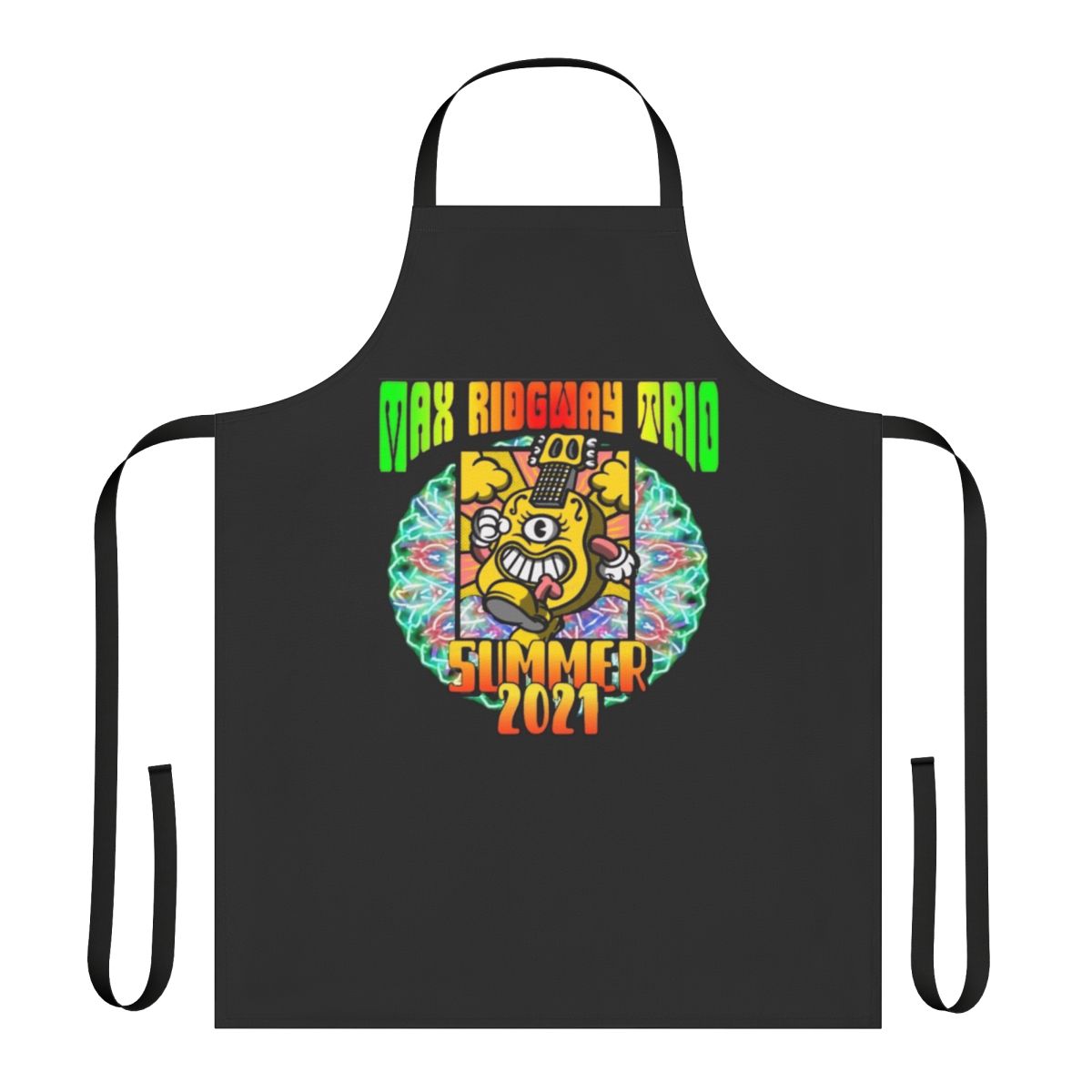 An apron featuring a design with the Max Ridgway Trio band logo and summer 2021 text
