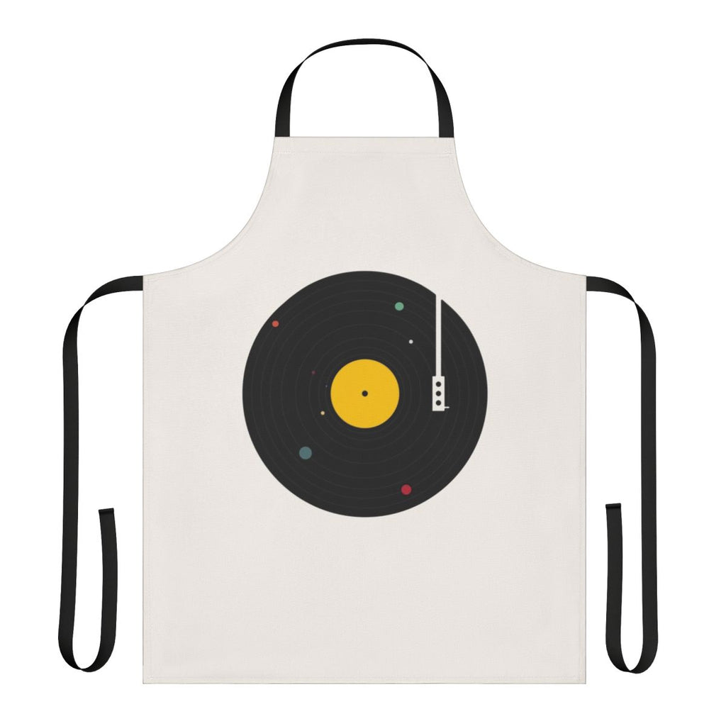 Stylish apron featuring a minimalist design with planets, stars, and a record player in a cosmic, space-themed design