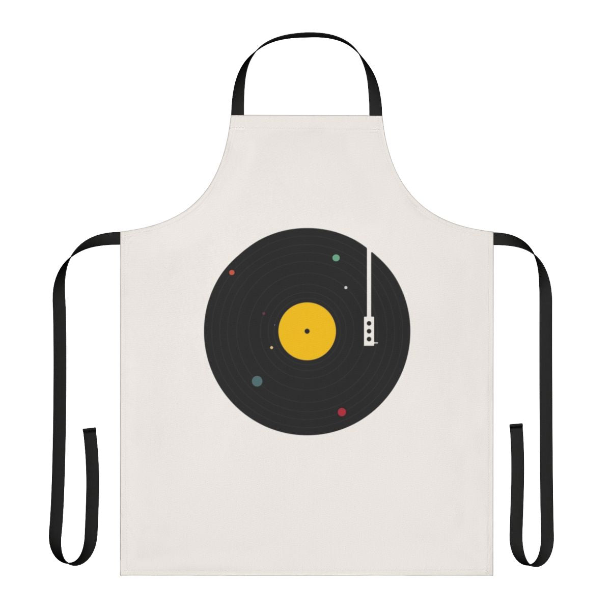 Stylish apron featuring a minimalist design with planets, stars, and a record player in a cosmic, space-themed design