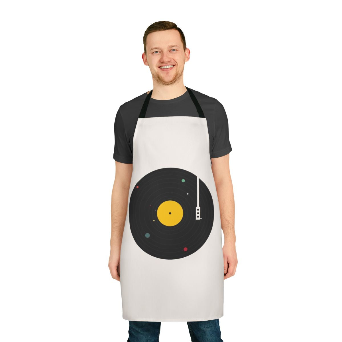 Stylish apron featuring a minimalist design with planets, stars, and a record player in a cosmic, space-themed design