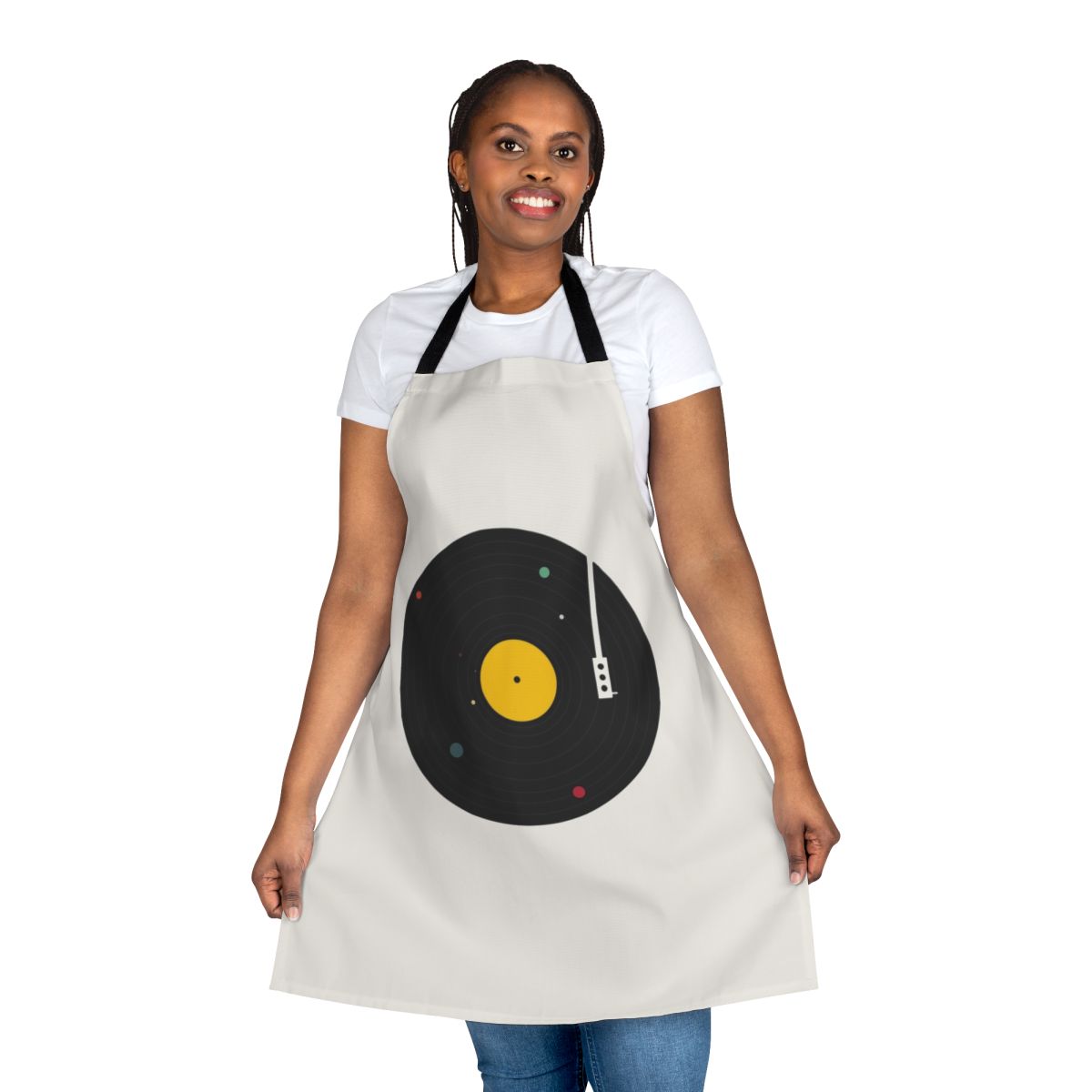 Stylish apron featuring a minimalist design with planets, stars, and a record player in a cosmic, space-themed design