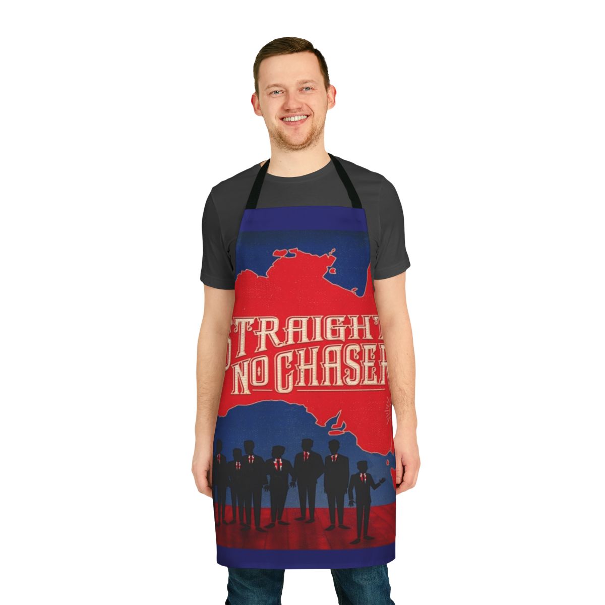 Musician-themed apron with "Straight No Chaser" design
