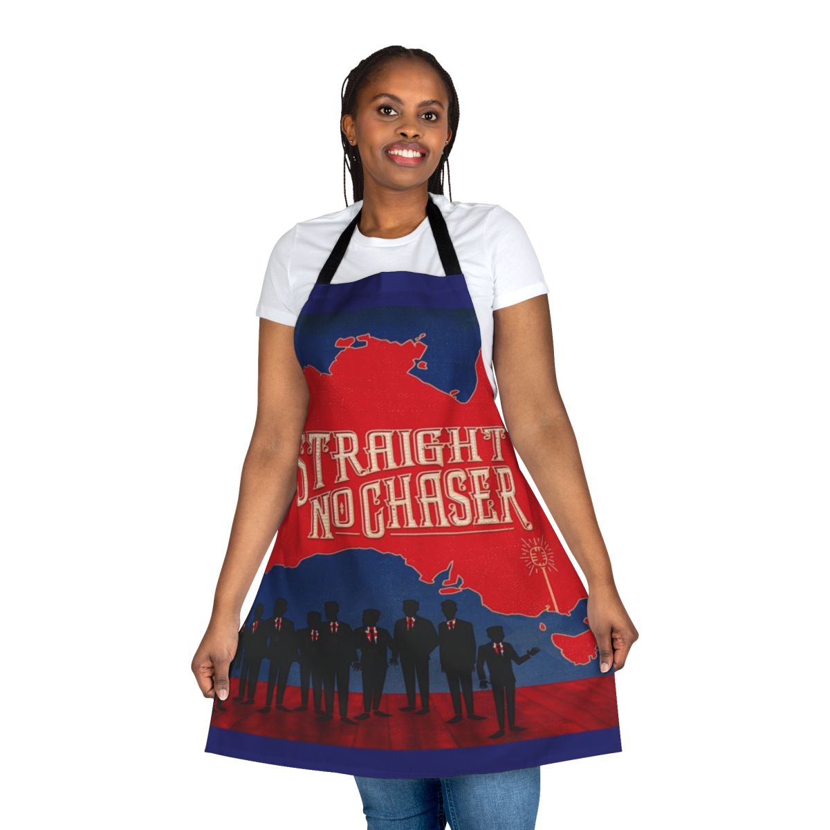 Musician-themed apron with "Straight No Chaser" design