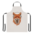 A whimsical apron featuring a smiling, musical fox with headphones.