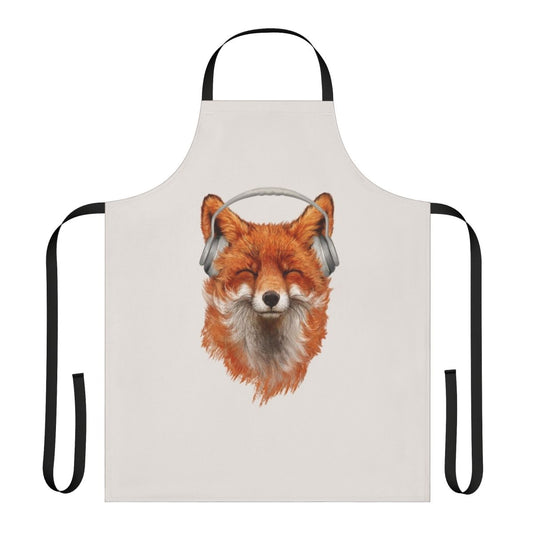 A whimsical apron featuring a smiling, musical fox with headphones.