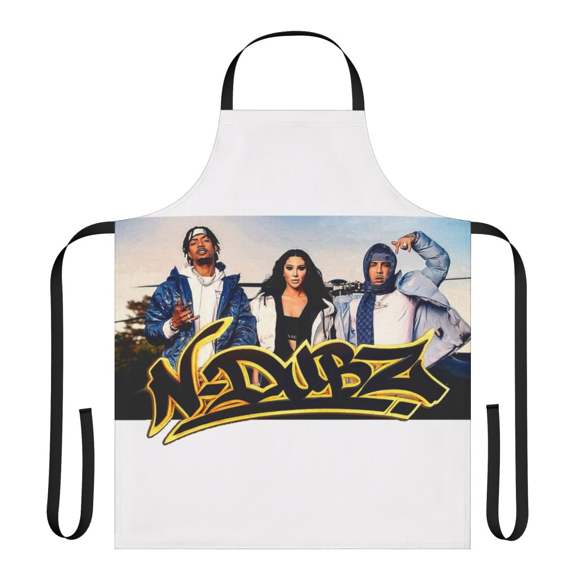 Stylish blue apron featuring the N Dubz band logo and design