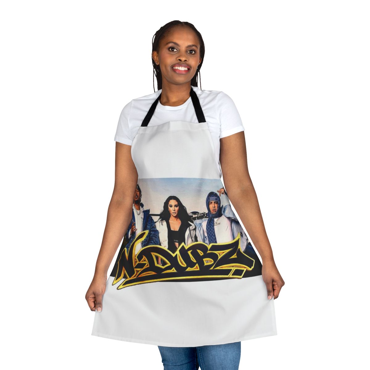 Stylish blue apron featuring the N Dubz band logo and design