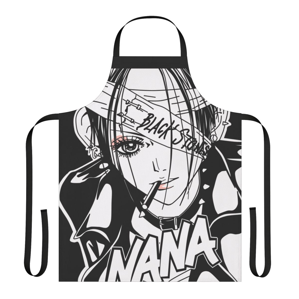 A stylish black and white apron inspired by the popular anime and manga series "Nana"