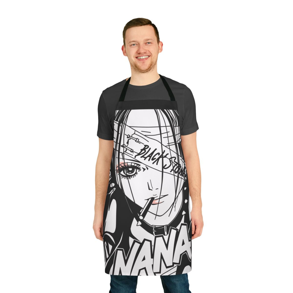 A stylish black and white apron inspired by the popular anime and manga series "Nana"
