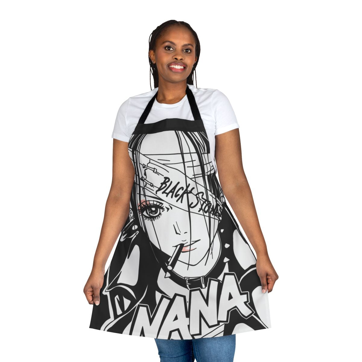 A stylish black and white apron inspired by the popular anime and manga series "Nana"