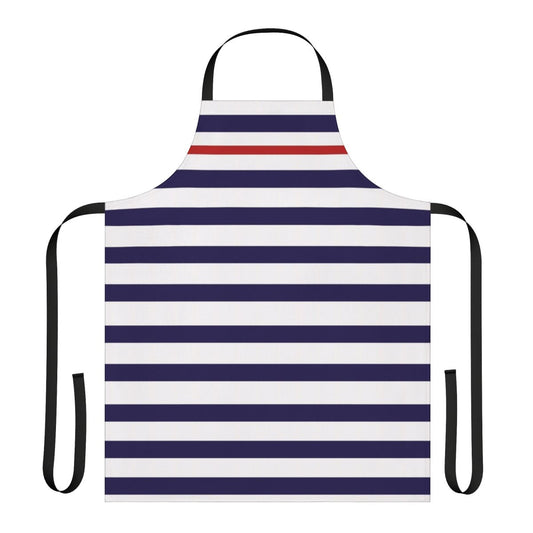 Nautical-inspired apron in blue, white, and red striped pattern