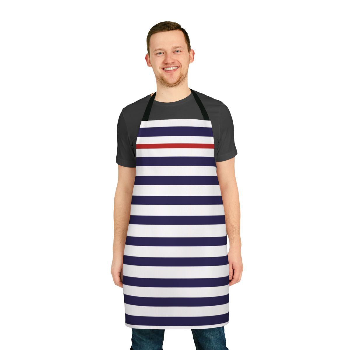 Nautical-inspired apron in blue, white, and red striped pattern