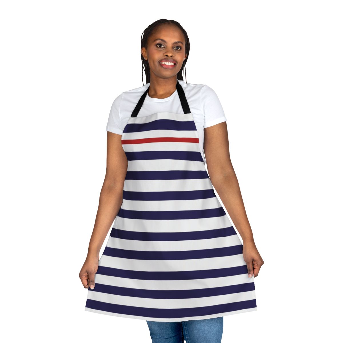 Nautical-inspired apron in blue, white, and red striped pattern