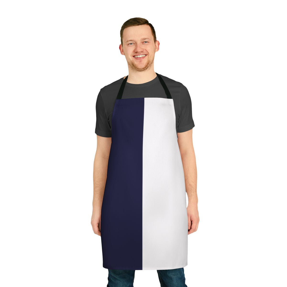 Navy blue and white striped apron with a stylish two-tone design