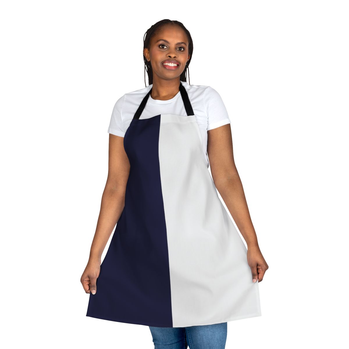 Navy blue and white striped apron with a stylish two-tone design