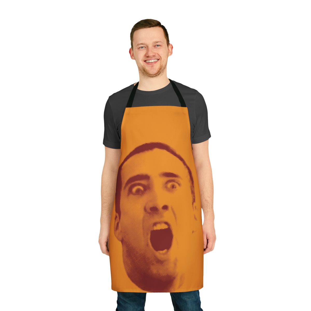 Nicolas Cage inspired apron featuring the actor's face in a pop art style