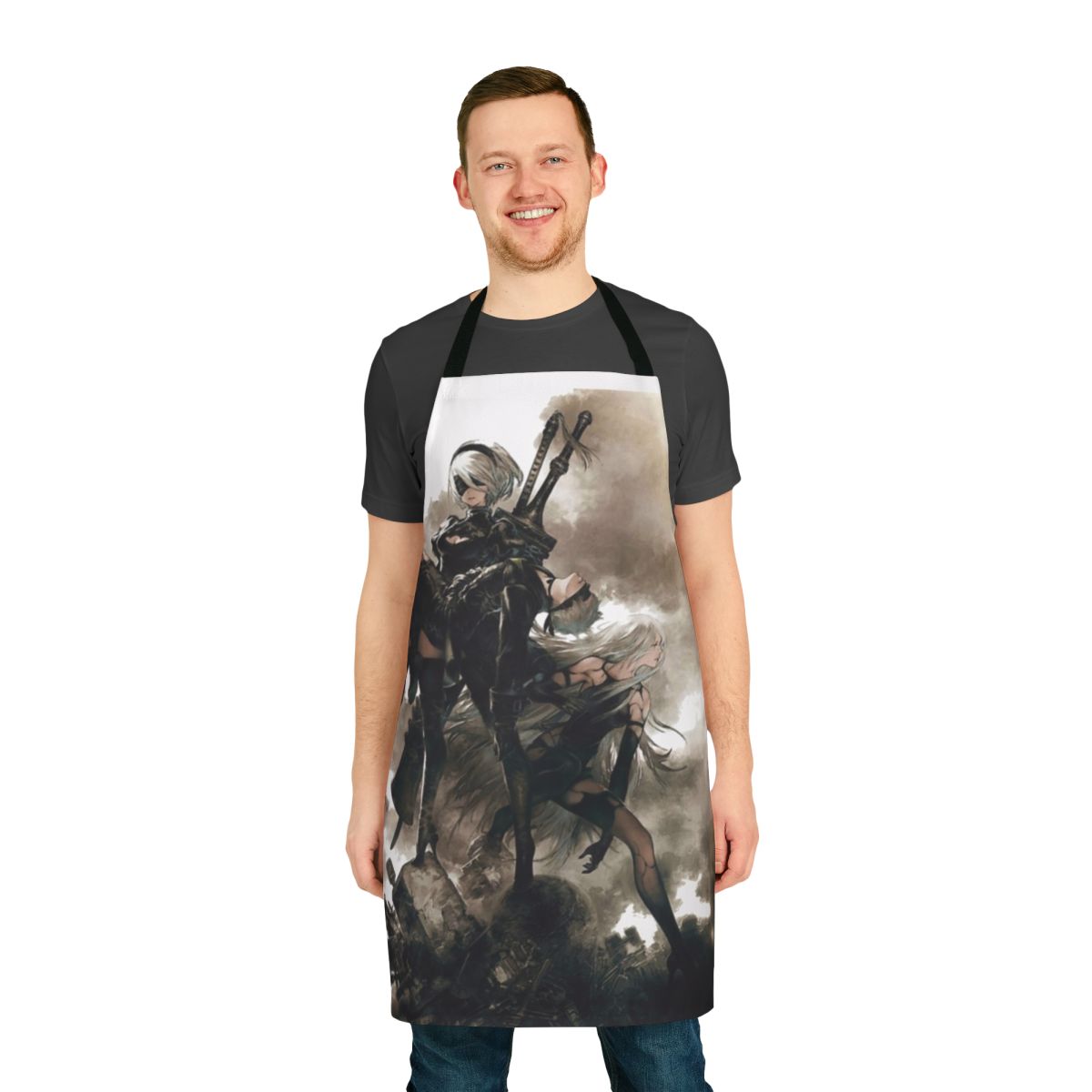 A high-quality apron featuring the iconic character 2B from the popular video game Nier Automata.